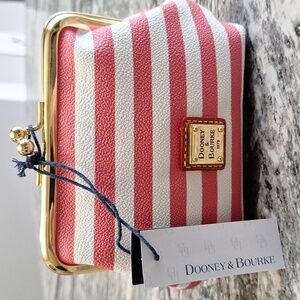 Dooney and Bourke Coated Cotton Kiss Lock Coin Purse, Coral/White stripes